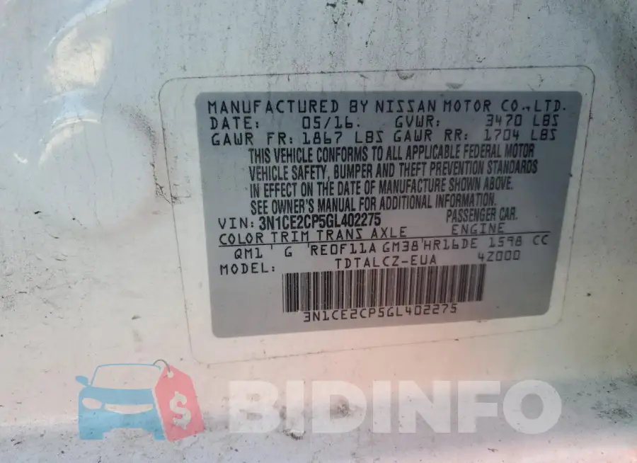 3N1CE2CP5GL402275 Photo# 13