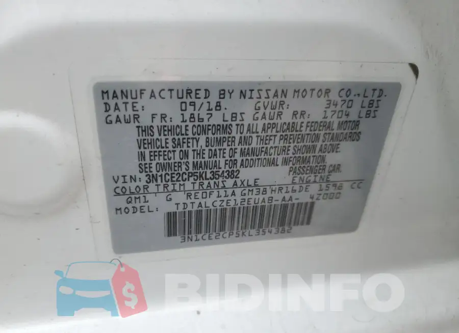 3N1CE2CP5KL354382 Photo# 12