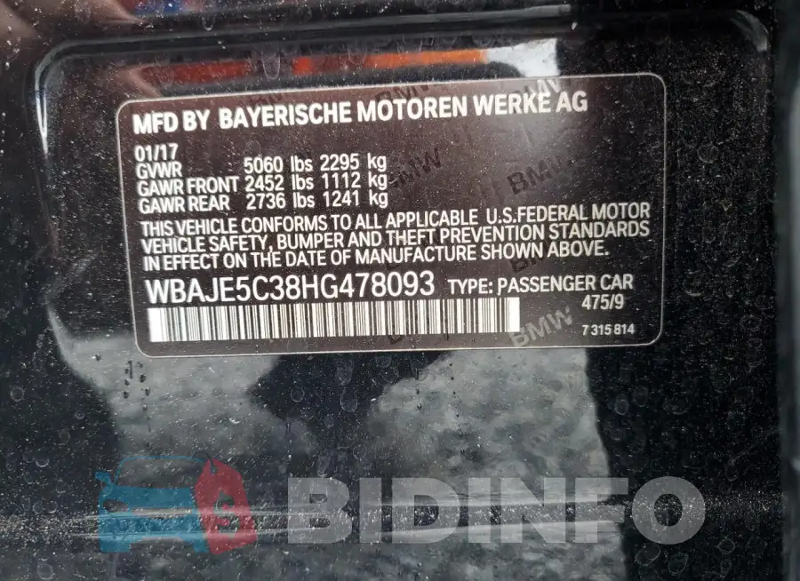 WBAJE5C38HG478093 Photo# 13