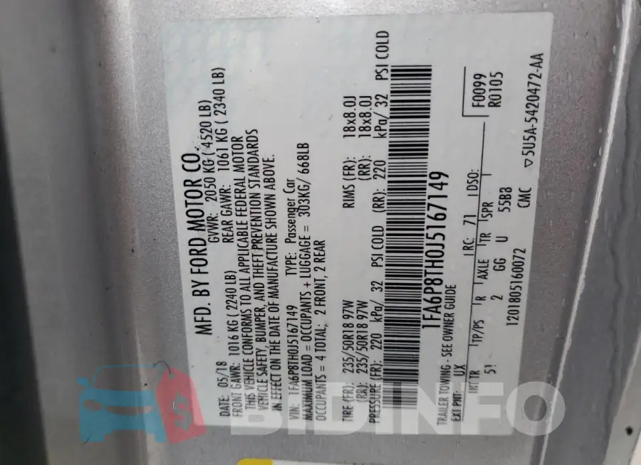 1FA6P8TH0J5167149 Photo# 13