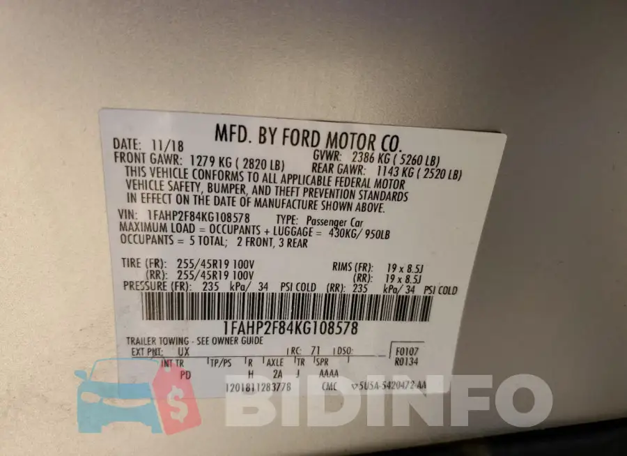 1FAHP2F84KG108578 Photo# 13