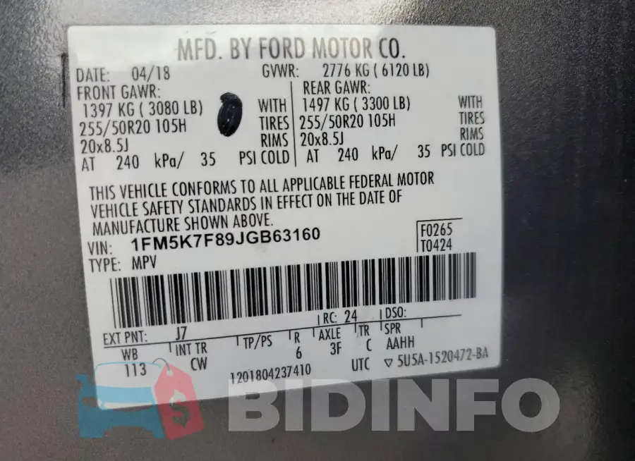 1FM5K7F89JGB63160 Photo# 13