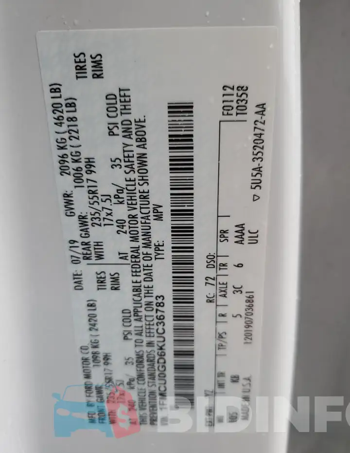 1FMCU0GD6KUC36783 Photo# 13