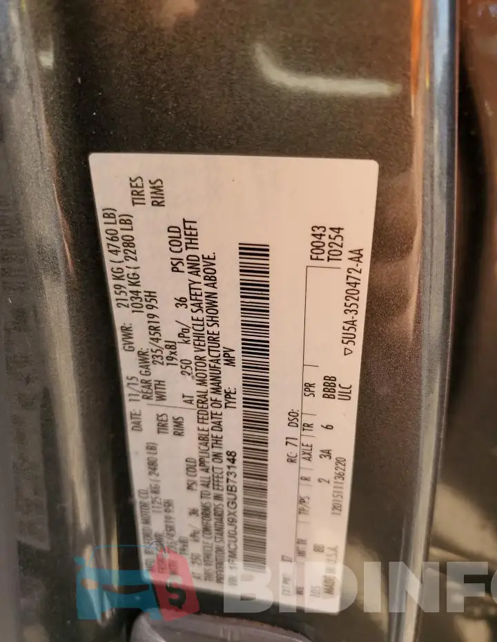 1FMCU0J9XGUB73148 Photo# 13