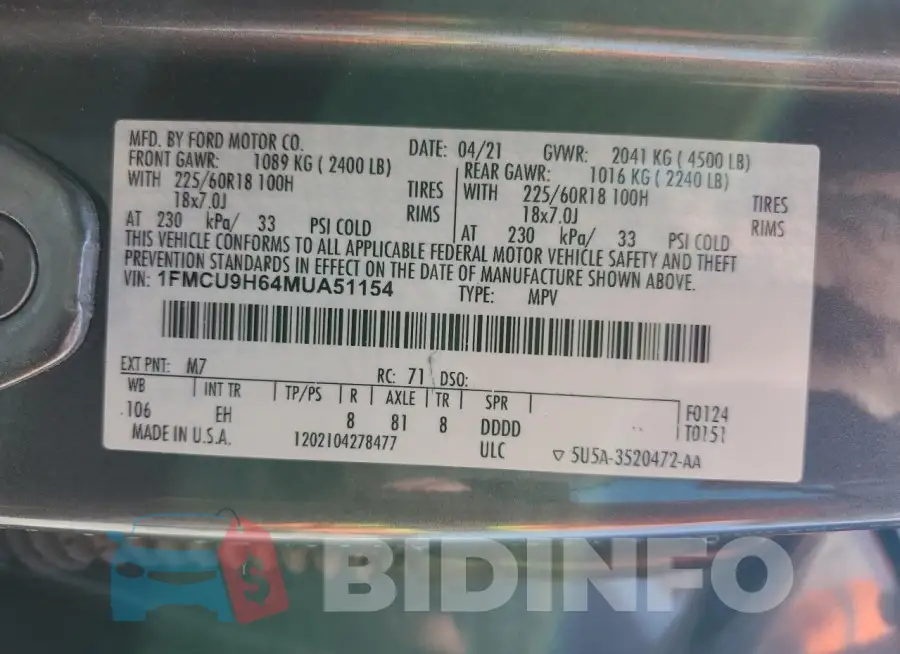 1FMCU9H64MUA51154 Photo# 12