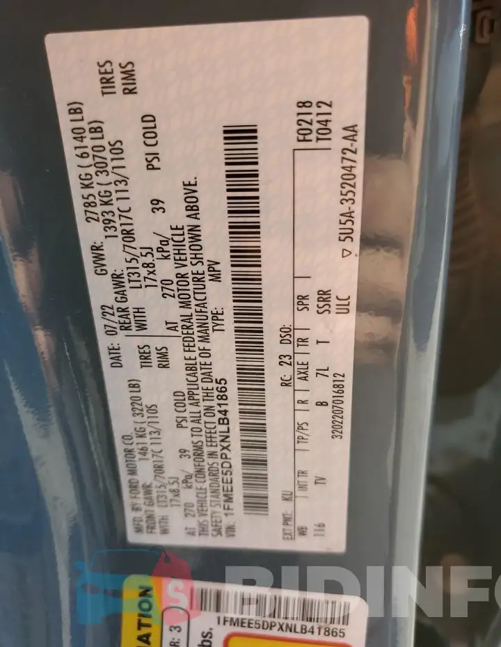 1FMEE5DPXNLB41865 Photo# 12