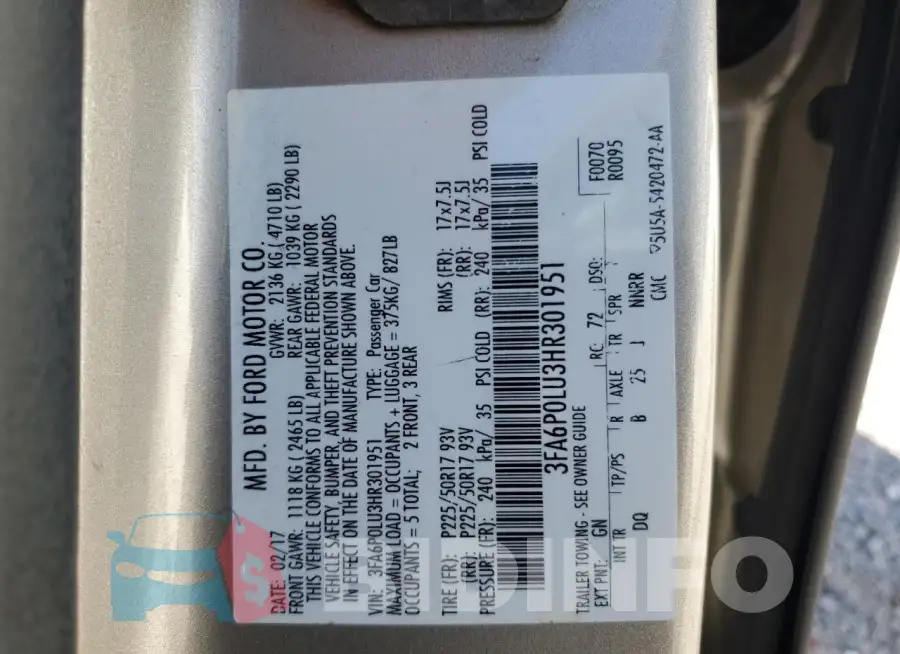 3FA6P0LU3HR301951 Photo# 13
