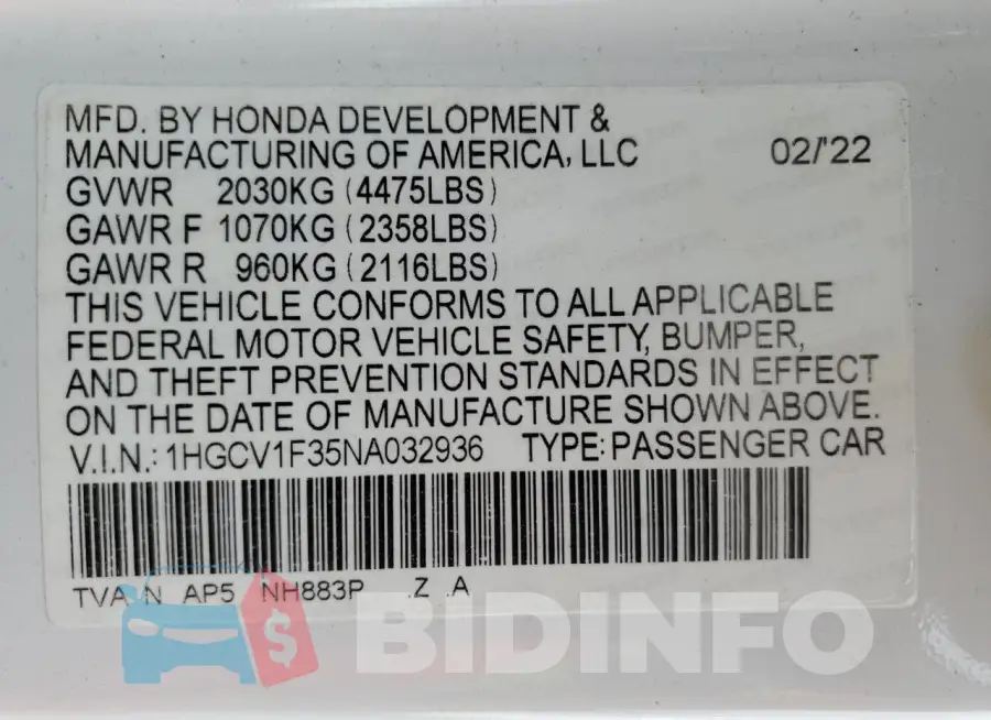 1HGCV1F35NA032936 Photo# 12