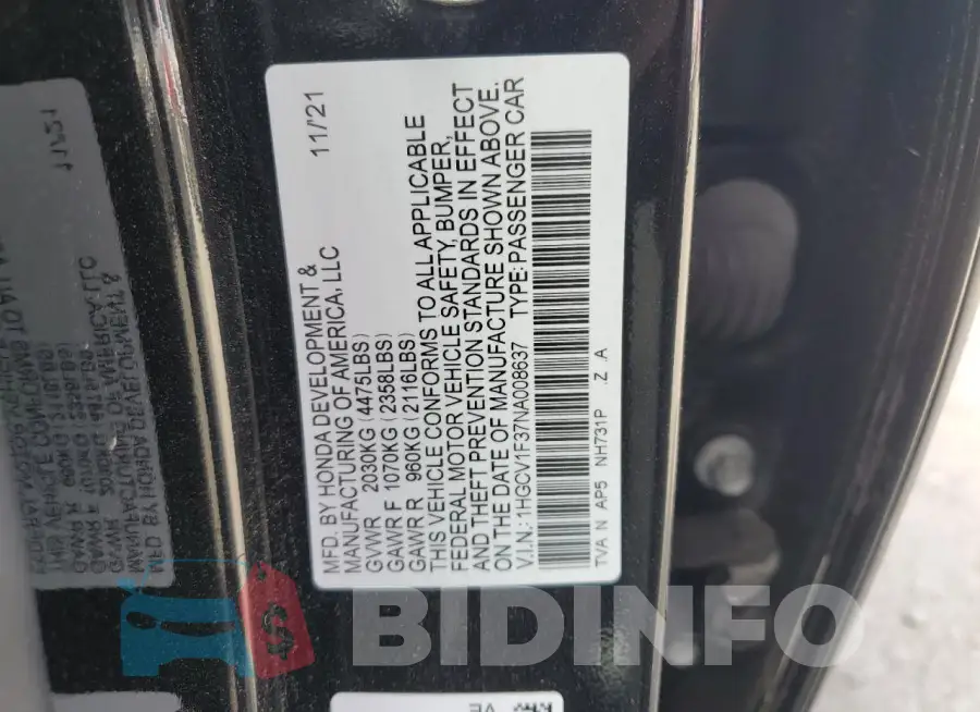 1HGCV1F37NA008637 Photo# 12