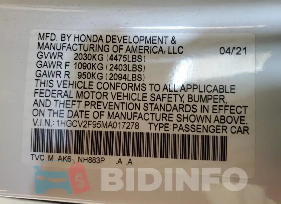 1HGCV2F95MA017278 Photo# 12