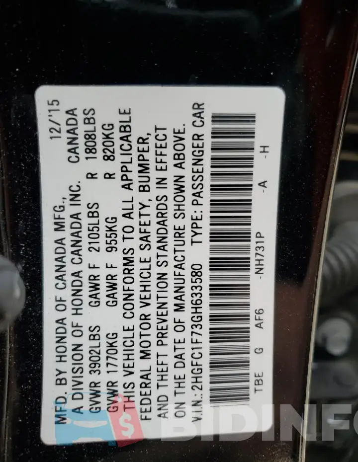 2HGFC1F73GH633580 Photo# 12