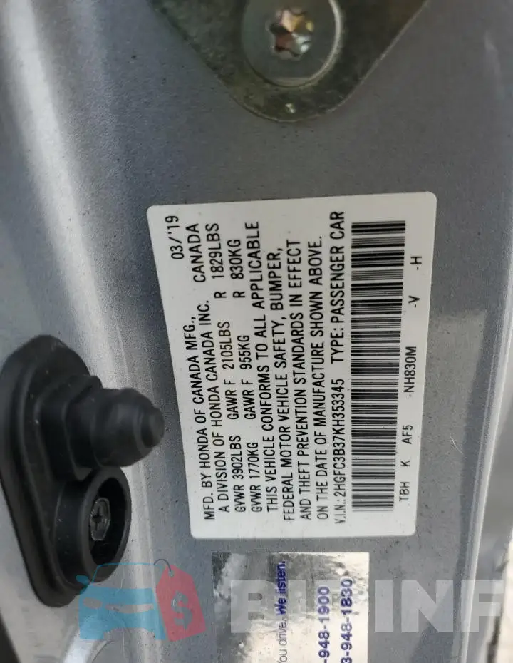 2HGFC3B37KH353345 Photo# 12