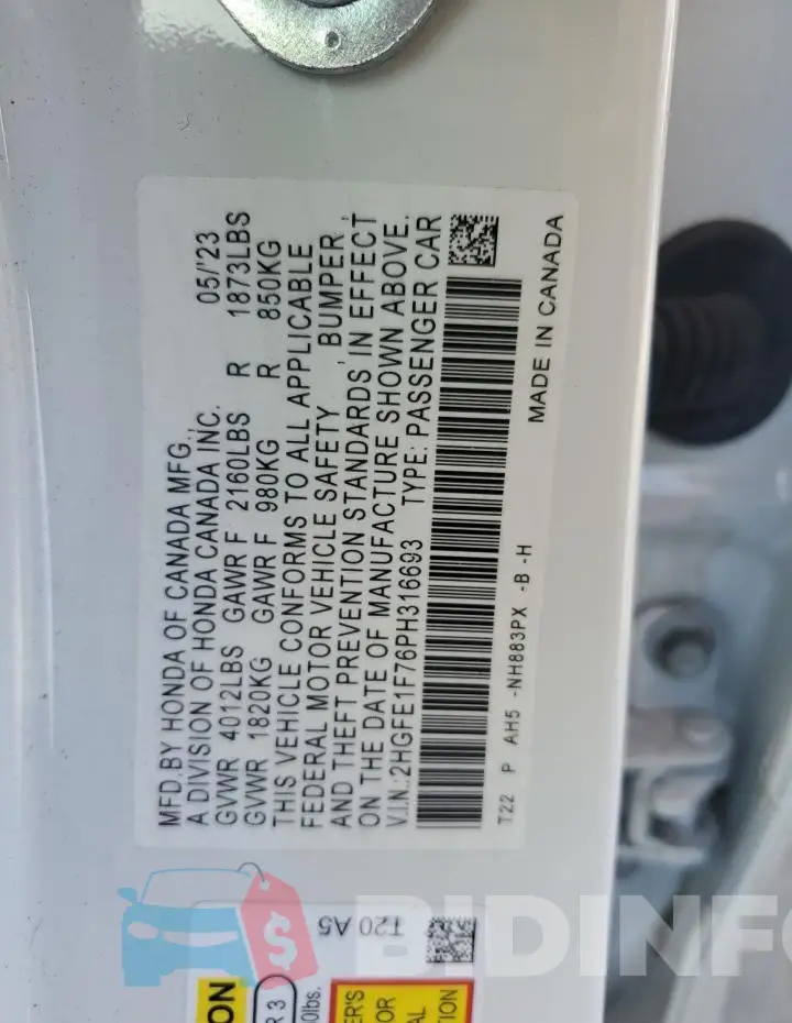 2HGFE1F76PH316693 Photo# 12