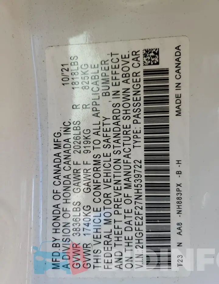 2HGFE2F27NH539722 Photo# 12
