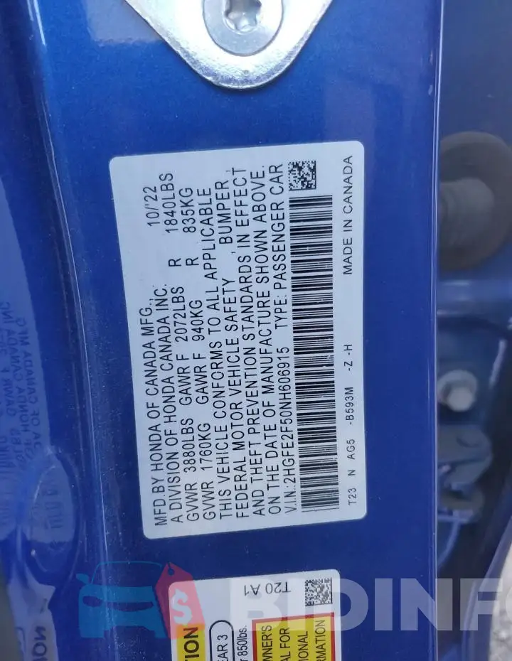 2HGFE2F50NH606915 Photo# 12
