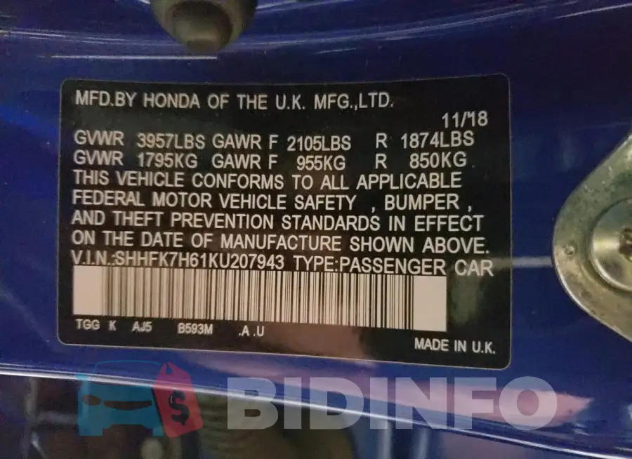 SHHFK7H61KU207943 Photo# 12