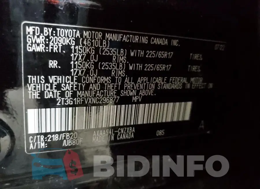 2T3G1RFVXNC296877 Photo# 13