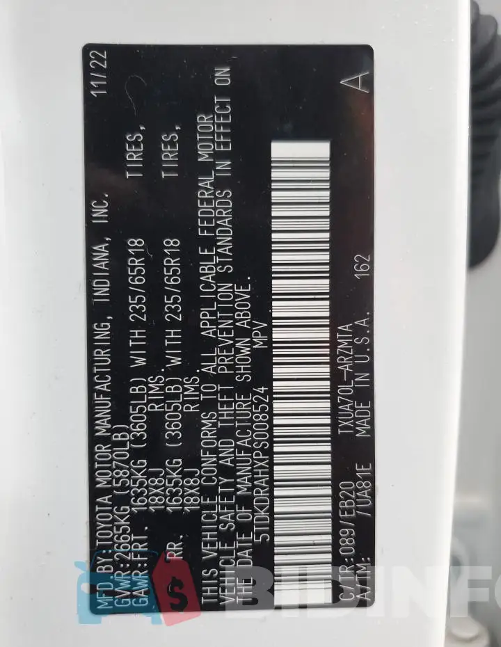 5TDKDRAHXPS008524 Photo# 13