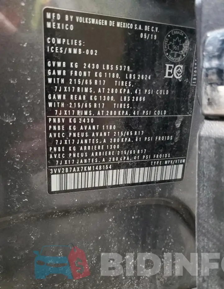 3VV2B7AX7KM148154 Photo# 14