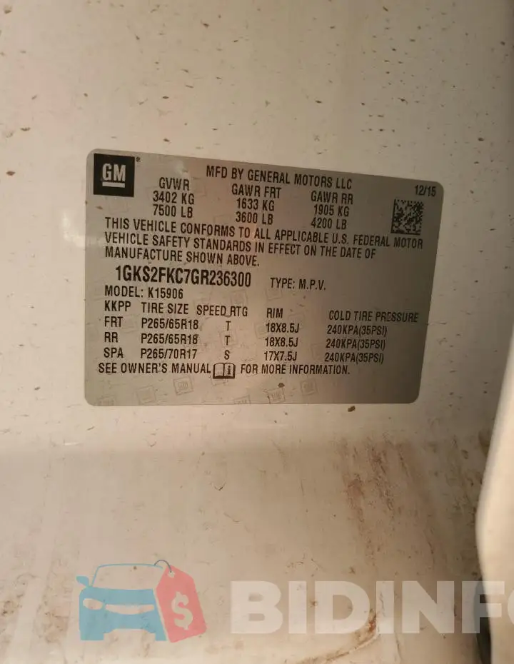 1GKS2FKC7GR236300 Photo# 13