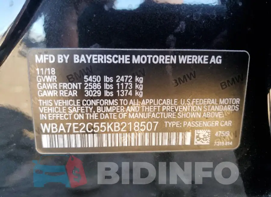 WBA7E2C55KB218507 Photo# 12