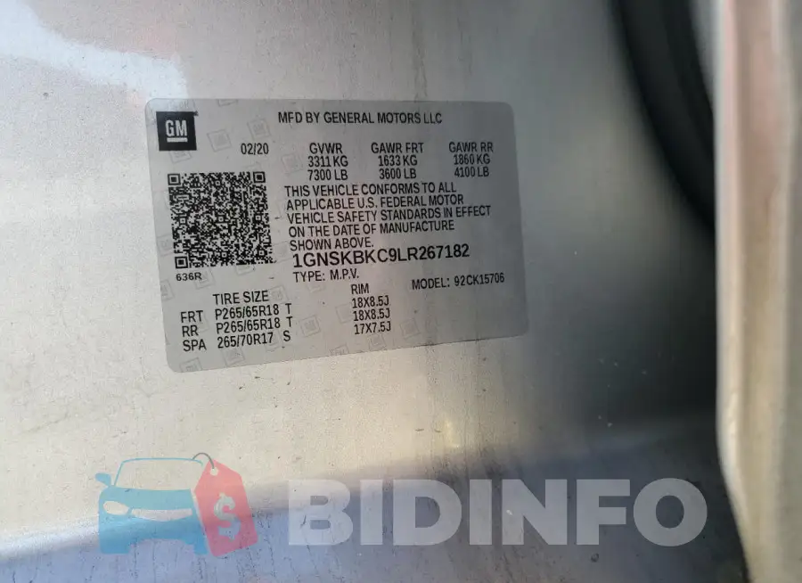 1GNSKBKC9LR267182 Photo# 14