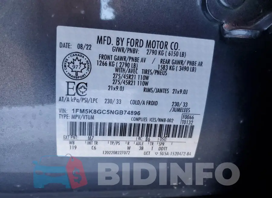 1FM5K8GC5NGB74896 Photo# 14