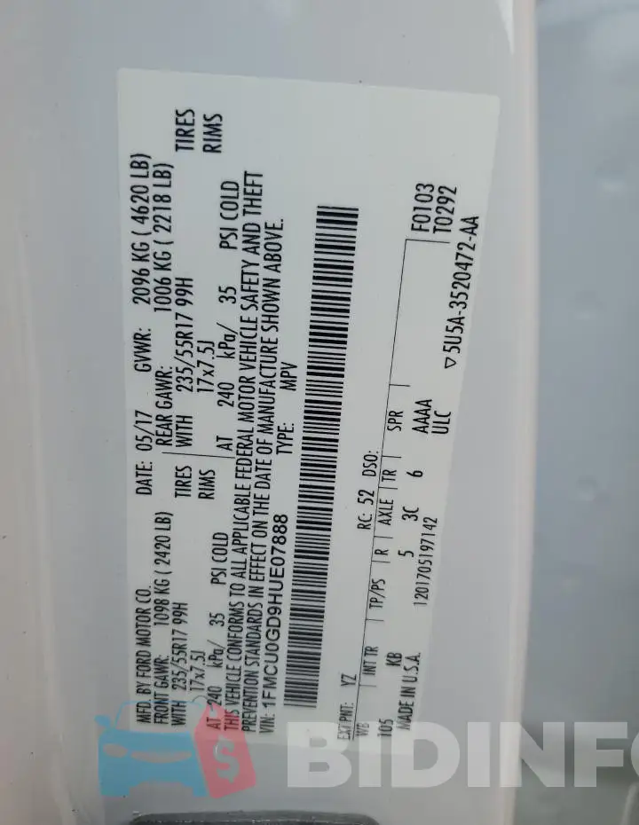 1FMCU0GD9HUE07888 Photo# 13