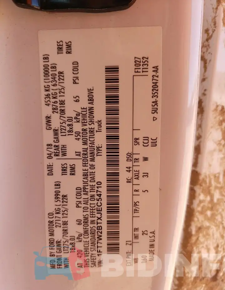 1FT7W2BTXJEC54710 Photo# 13