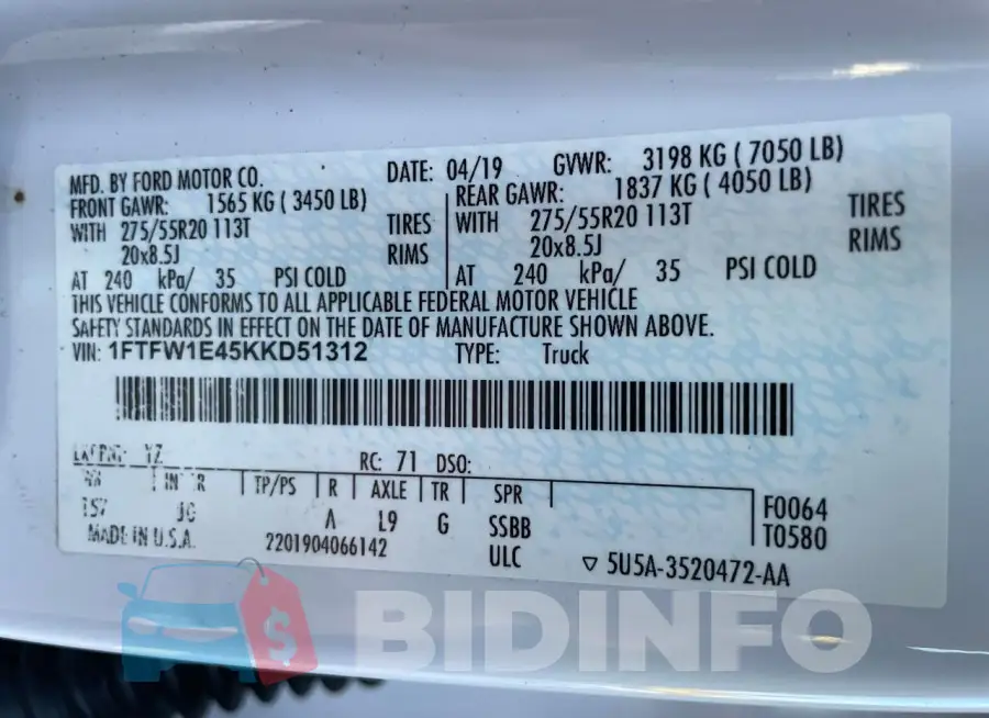 1FTFW1E45KKD51312 Photo# 10
