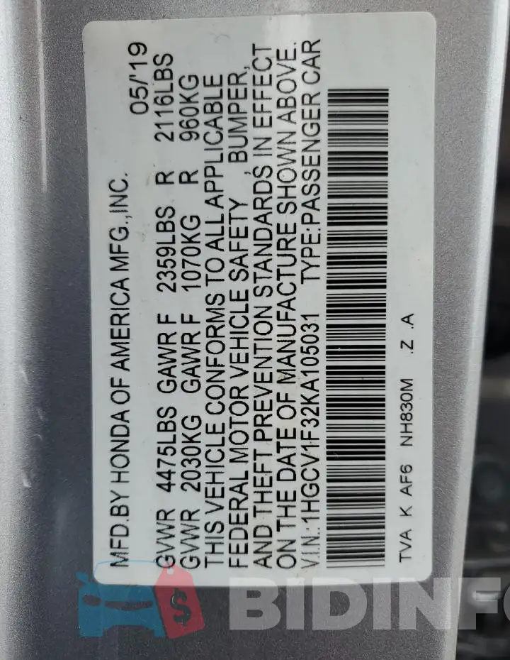 1HGCV1F32KA105031 Photo# 12