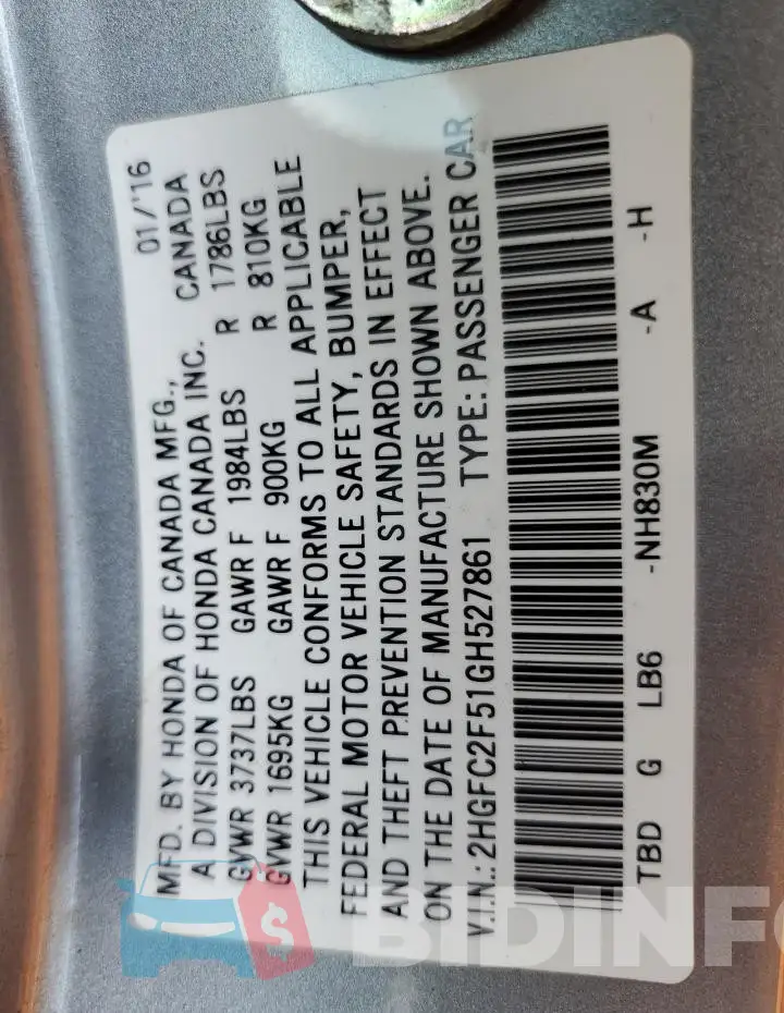 2HGFC2F51GH527861 Photo# 13
