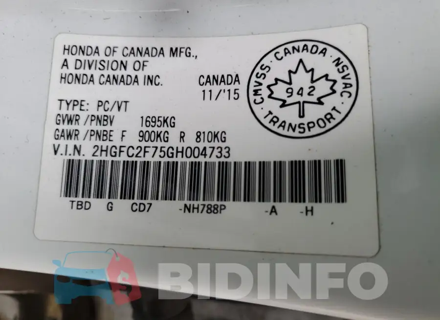 2HGFC2F75GH004733 Photo# 13