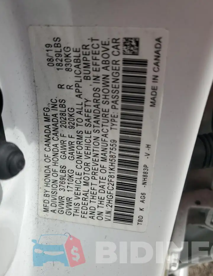 2HGFC2F81KH587559 Photo# 12