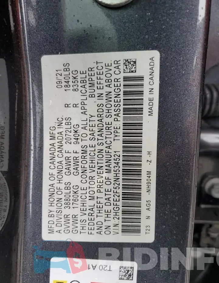 2HGFE2F52NH534521 Photo# 13