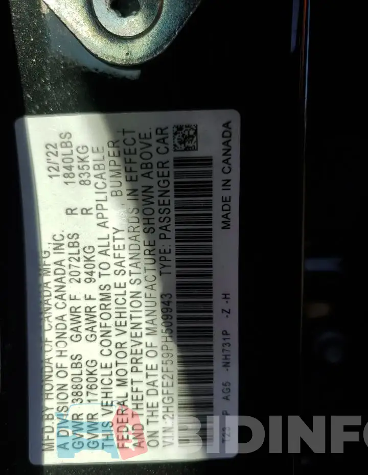 2HGFE2F59PH509943 Photo# 13