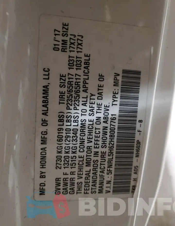 5FNRL5H62HB007761 Photo# 13