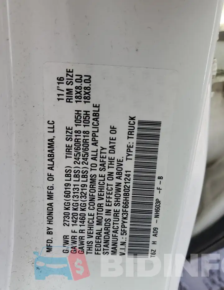5FPYK3F66HB021241 Photo# 12