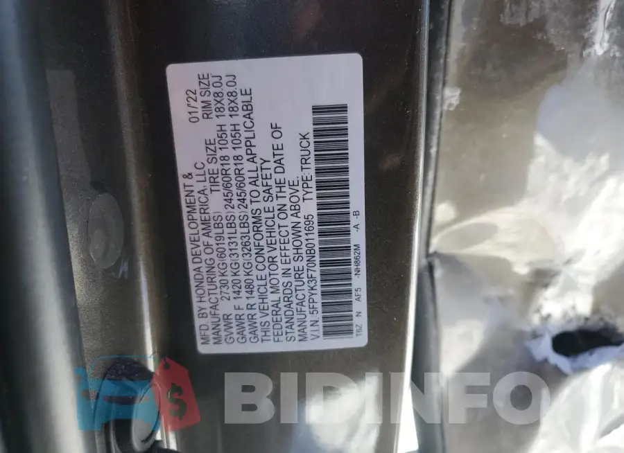 5FPYK3F70NB011695 Photo# 12