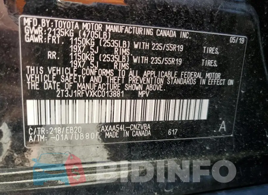 2T3J1RFVXKC013881 Photo# 13