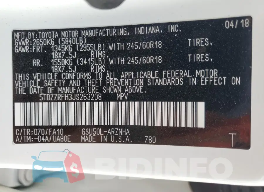5TDZZRFH3JS263208 Photo# 14