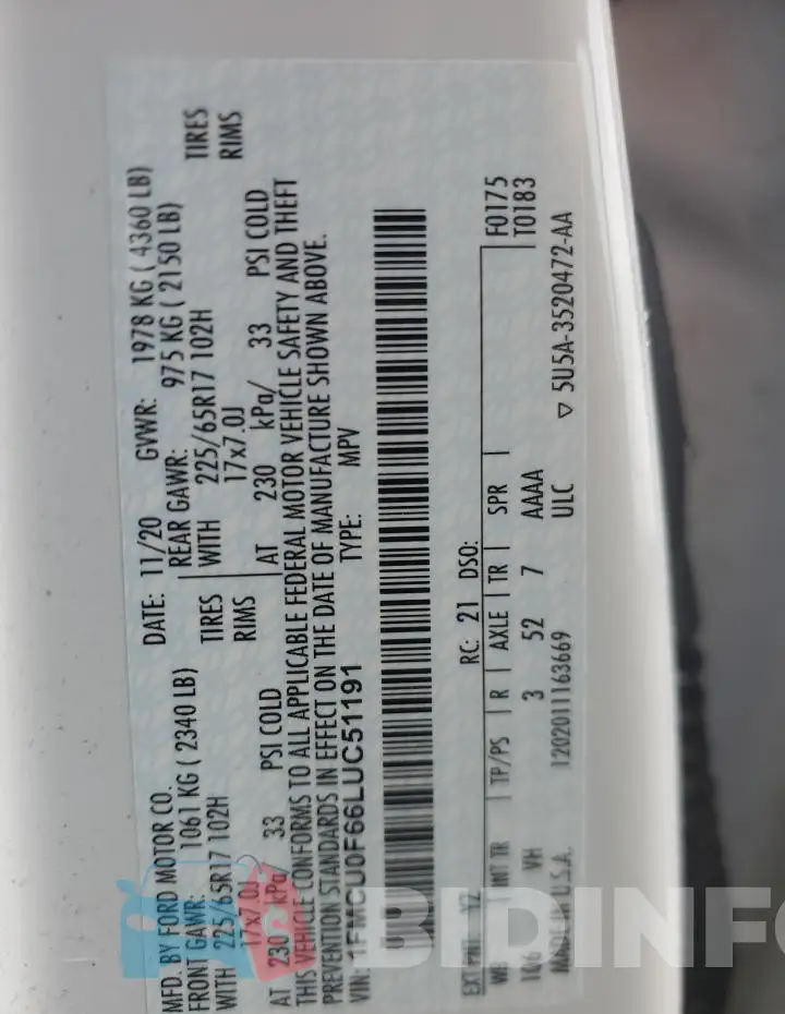 1FMCU0F66LUC51191 Photo# 14