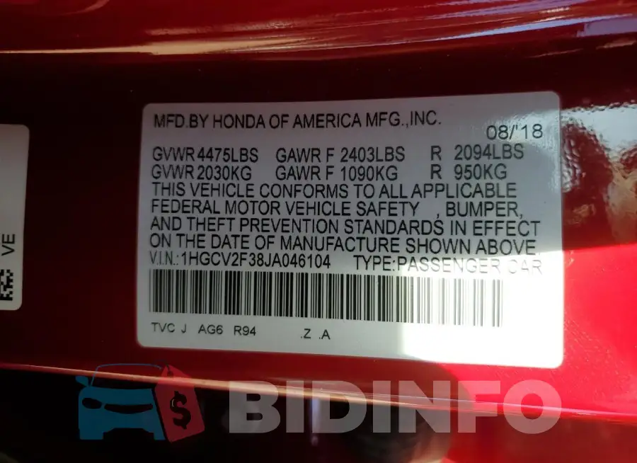1HGCV2F38JA046104 Photo# 12