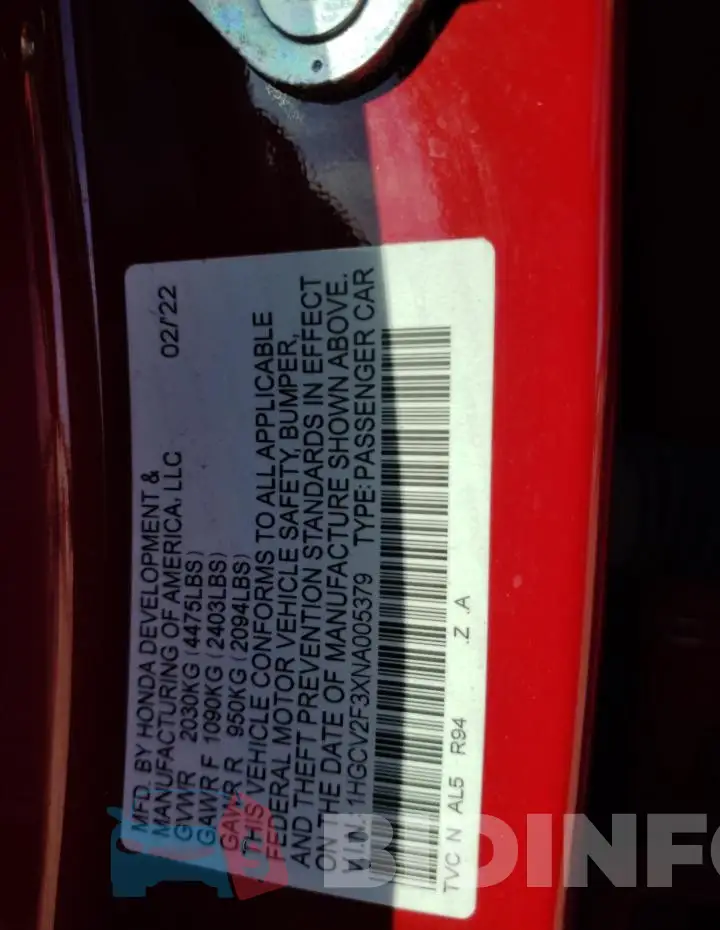 1HGCV2F3XNA005379 Photo# 12