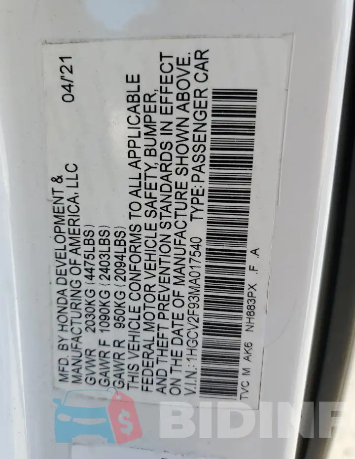 1HGCV2F93MA017540 Photo# 12