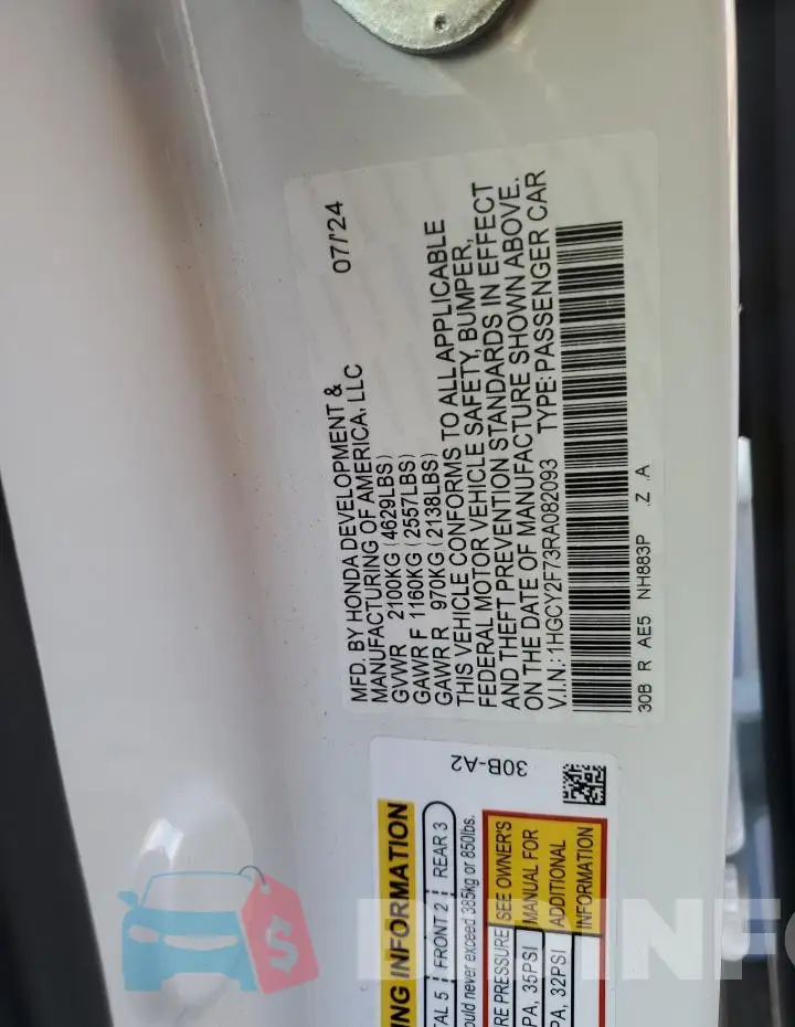1HGCY2F73RA082093 Photo# 12