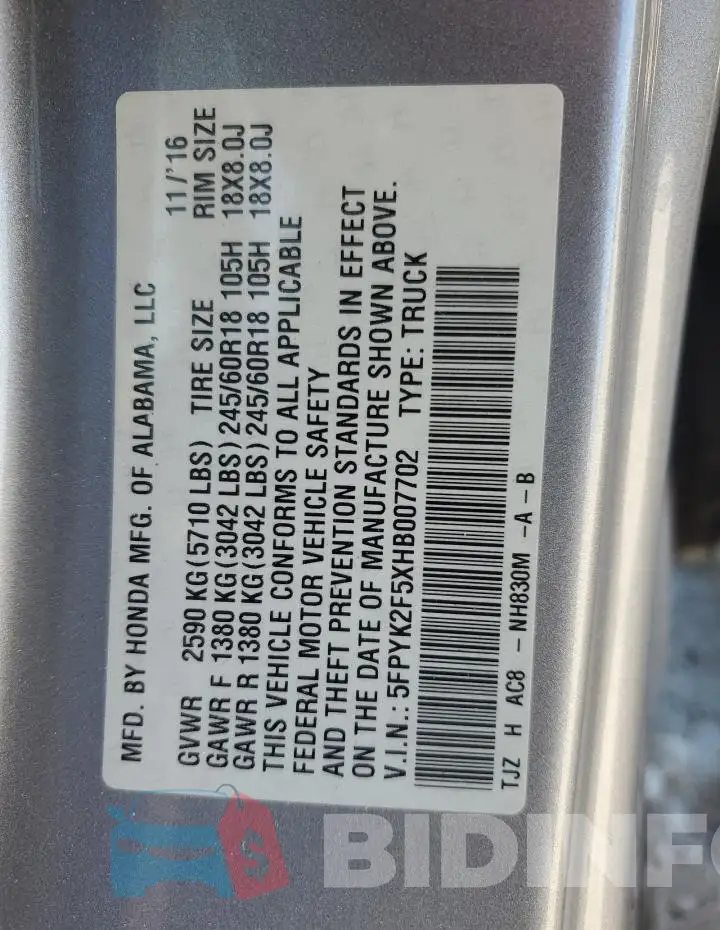 5FPYK2F5XHB007702 Photo# 12