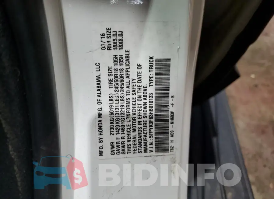 5FPYK3F63HB010133 Photo# 12