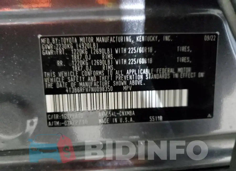 4T3B6RFV7NU098350 Photo# 14