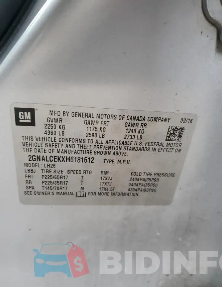 2GNALCEKXH6181612 Photo# 13